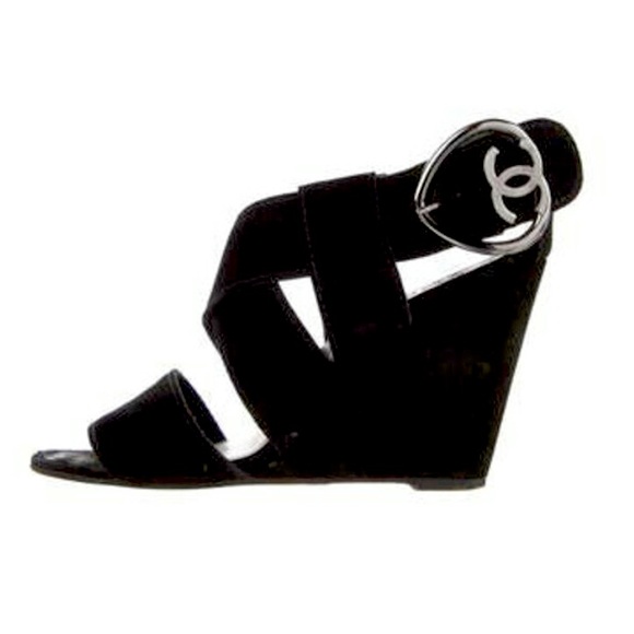 ❤️TRADED❤️ Chanel black suede silver heart cc hardware wedge sandal 37.5